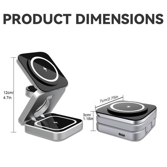 15W Triple Charging Station - Space-Saving Folding Wireless Charger with Magnetic Suction, Plug and Play, Charges Mobile Phone, Earphone, and Watch Simultaneously - Type-C Input, Fast and Convenient Charging