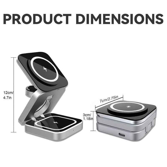 15W Triple Charging Station - Space-Saving Folding Wireless Charger with Magnetic Suction, Plug and Play, Charges Mobile Phone, Earphone, and Watch Simultaneously - Type-C Input, Fast and Convenient Charging