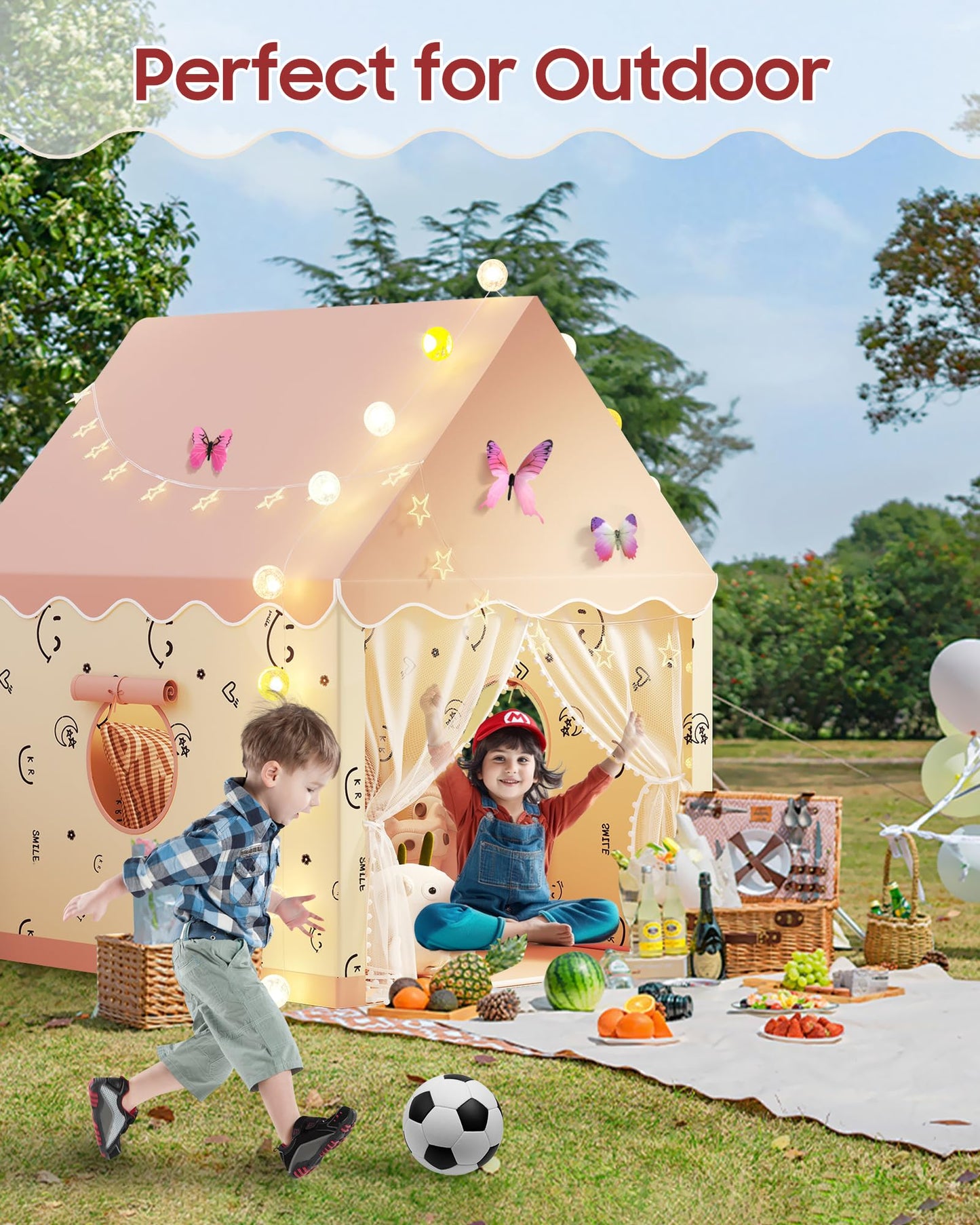 Kids Play Tent, Princess Tent Indoor Playhouse Set with Star Lights, Ball Lights, Colorful Flags, Butterflies - Pink Tents for Kids Toddle Castle for Girls Toy House Gift