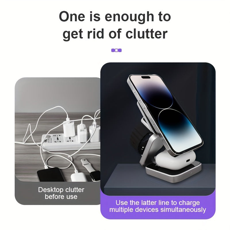 15W Triple Charging Station - Space-Saving Folding Wireless Charger with Magnetic Suction, Plug and Play, Charges Mobile Phone, Earphone, and Watch Simultaneously - Type-C Input, Fast and Convenient Charging
