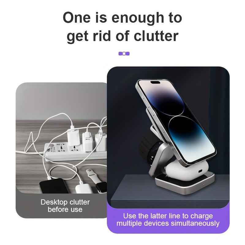 15W Triple Charging Station - Space-Saving Folding Wireless Charger with Magnetic Suction, Plug and Play, Charges Mobile Phone, Earphone, and Watch Simultaneously - Type-C Input, Fast and Convenient Charging