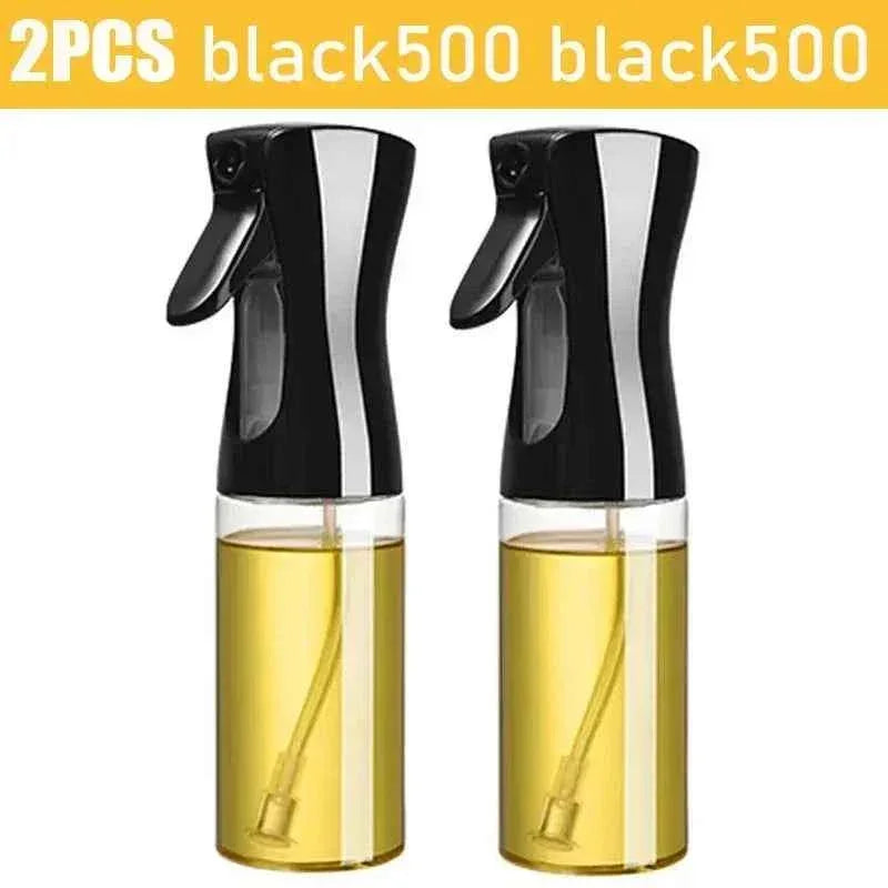 Set of 2 black spray bottles with trigger tops filled with yellow liquid for home or kitchen use