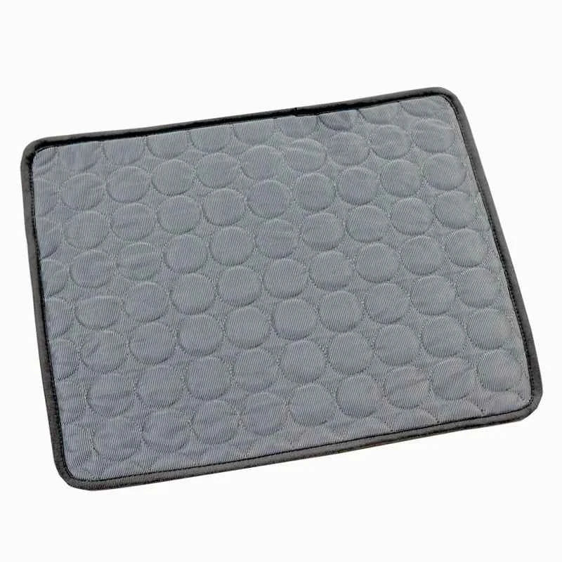 Gray quilted rectangular mat with circular stitched pattern and black trim