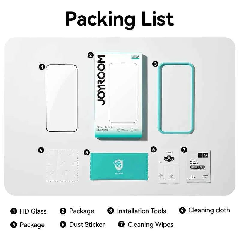 Packing list for Joyroom screen protector with HD glass, packaging, installation tools, cleaning cloth, dust sticker, and wet wipes