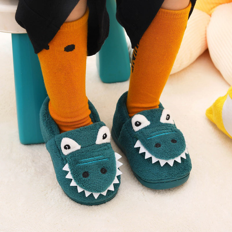 Boys' Dinosaur Slippers with Plush TPR Sole & Alligator/Crocodile Teeth - Warm Winter Indoor/Outdoor, Green & White Low-Top Easy Slip-On for, Cute Dino Footwear for Bedtime & Play