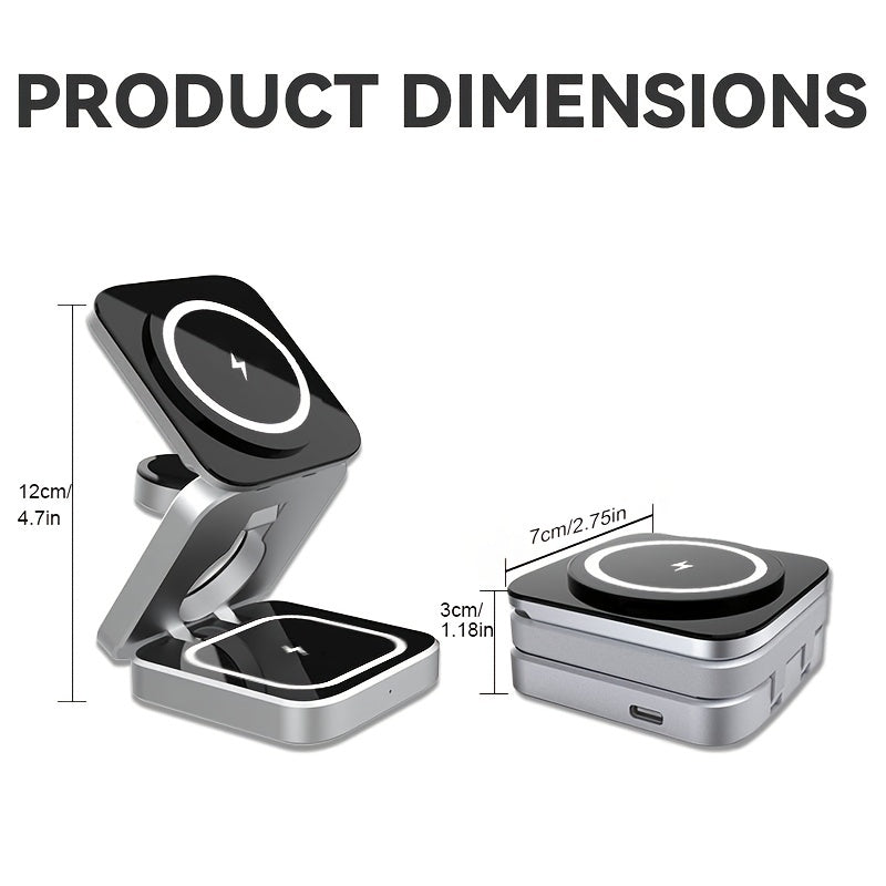 15W Triple Charging Station - Space-Saving Folding Wireless Charger with Magnetic Suction, Plug and Play, Charges Mobile Phone, Earphone, and Watch Simultaneously - Type-C Input, Fast and Convenient Charging