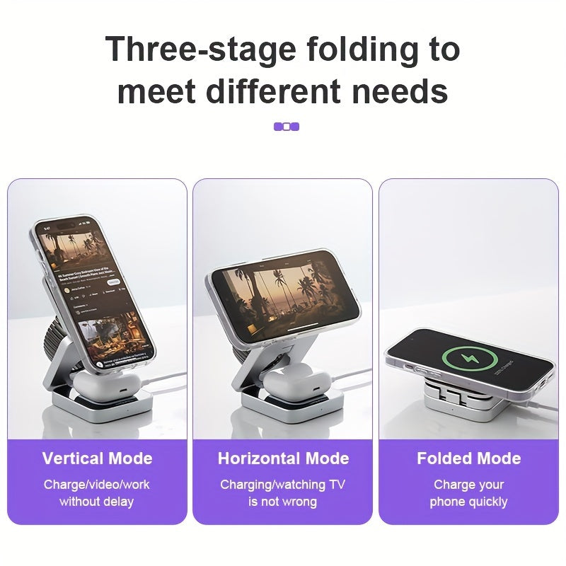 15W Triple Charging Station - Space-Saving Folding Wireless Charger with Magnetic Suction, Plug and Play, Charges Mobile Phone, Earphone, and Watch Simultaneously - Type-C Input, Fast and Convenient Charging