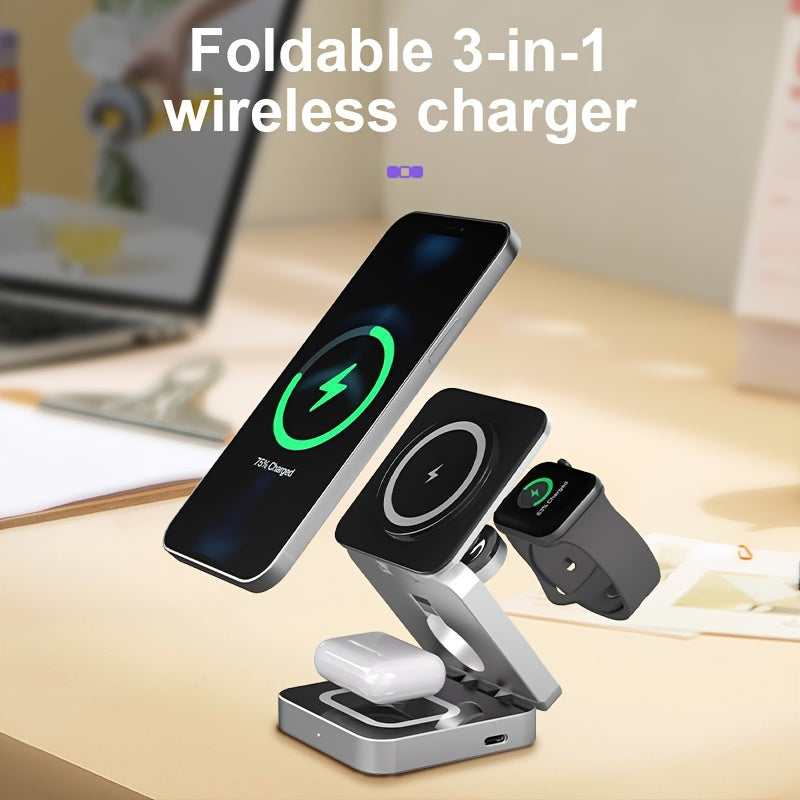 15W Triple Charging Station - Space-Saving Folding Wireless Charger with Magnetic Suction, Plug and Play, Charges Mobile Phone, Earphone, and Watch Simultaneously - Type-C Input, Fast and Convenient Charging