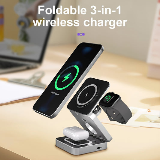 15W Triple Charging Station - Space-Saving Folding Wireless Charger with Magnetic Suction, Plug and Play, Charges Mobile Phone, Earphone, and Watch Simultaneously - Type-C Input, Fast and Convenient Charging