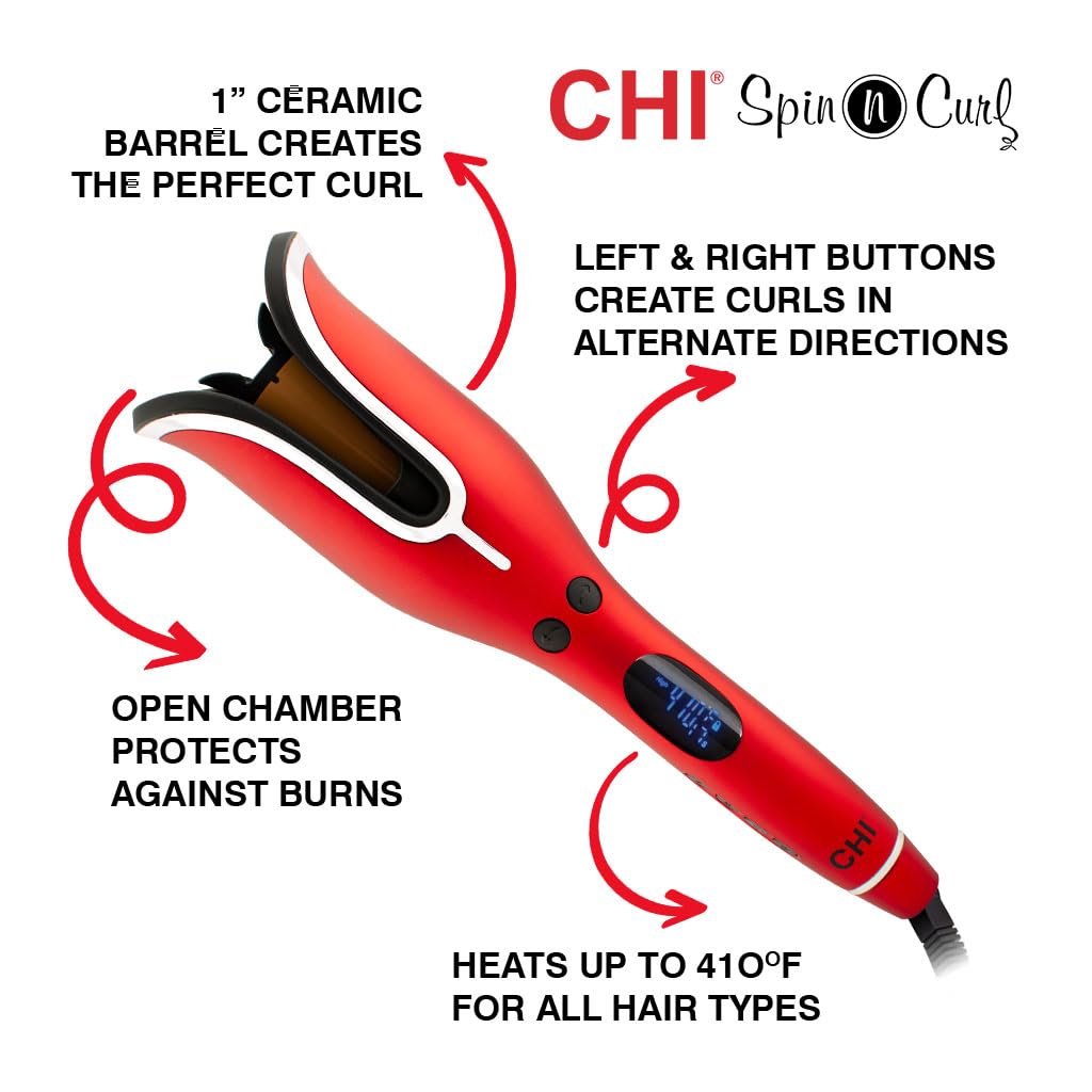 CHI Spin N Curl, Curling Iron For Healthy & Shiny Effortless Curls & Waves, Provides Preset Temperature Settings For Each Hair Texture, Rose Gold