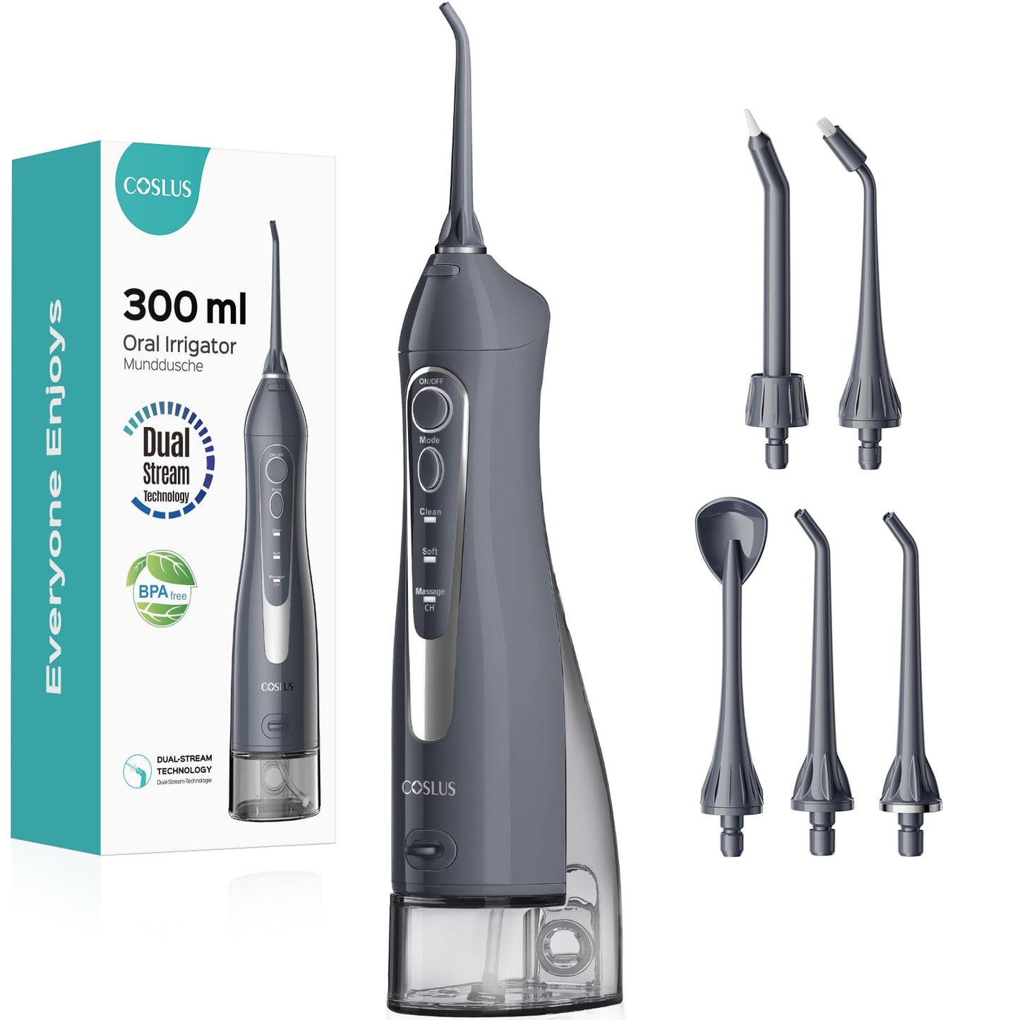 COSLUS Water Dental Flosser Teeth Pick: Portable Cordless Oral Irrigator 300ML Rechargeable Travel Irrigation Cleaner IPX7 Waterproof Electric Flossing Machine for Teeth Cleaning C20(F5020E)