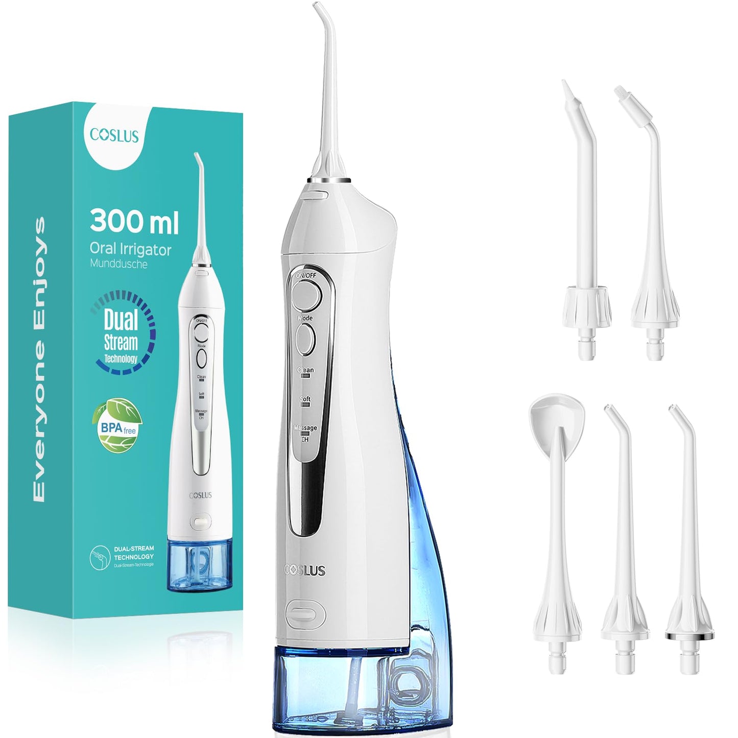 COSLUS Water Dental Flosser Teeth Pick: Portable Cordless Oral Irrigator 300ML Rechargeable Travel Irrigation Cleaner IPX7 Waterproof Electric Flossing Machine for Teeth Cleaning C20(F5020E)