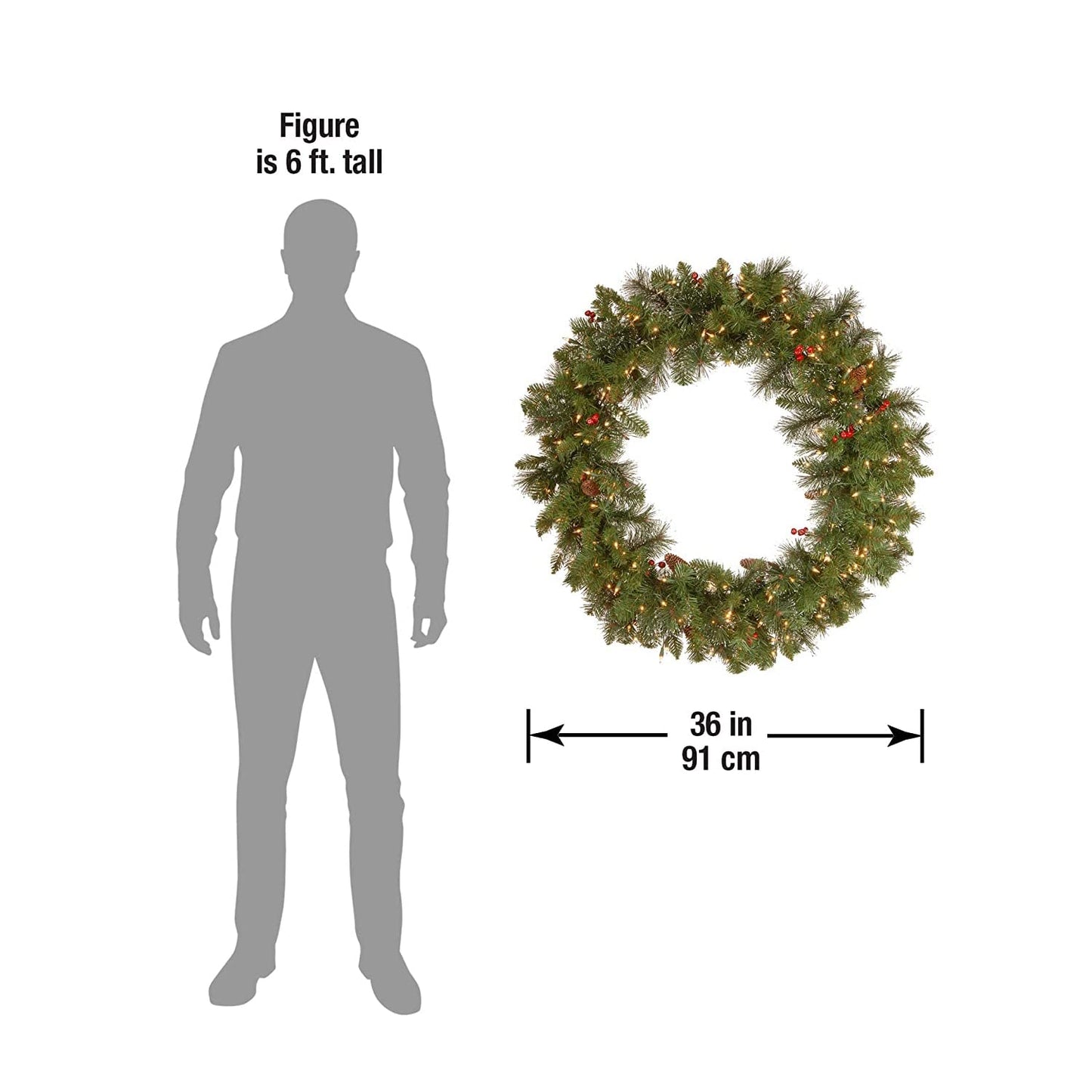 National Tree Company 24 in Pre-Lit Crestwood Spruce Artificial Christmas Wreath, Christmas Decoration with Glitter, Pinecones, Red Berries, 50 Clear LED Lights, 160 Tips, Timer, Green