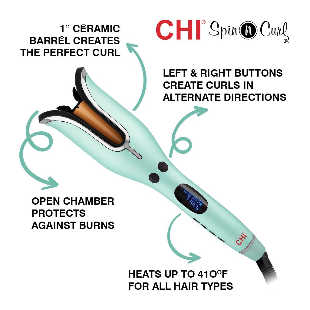 CHI Spin N Curl, Curling Iron For Healthy & Shiny Effortless Curls & Waves, Provides Preset Temperature Settings For Each Hair Texture, Rose Gold