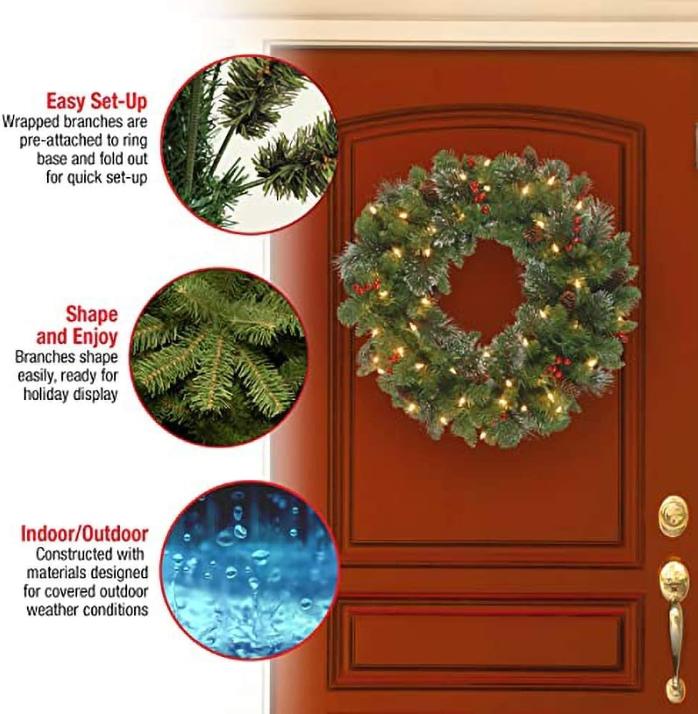 National Tree Company 24 in Pre-Lit Crestwood Spruce Artificial Christmas Wreath, Christmas Decoration with Glitter, Pinecones, Red Berries, 50 Clear LED Lights, 160 Tips, Timer, Green