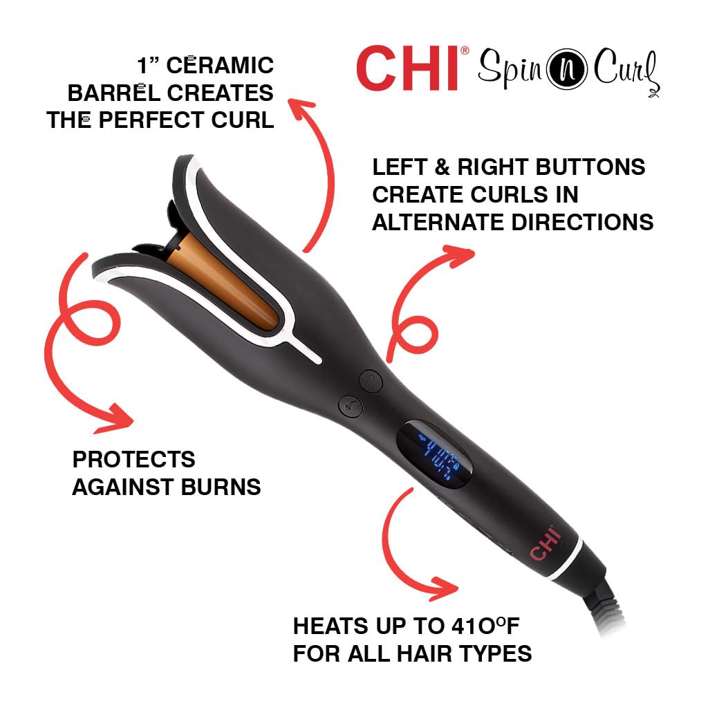 CHI Spin N Curl, Curling Iron For Healthy & Shiny Effortless Curls & Waves, Provides Preset Temperature Settings For Each Hair Texture, Rose Gold