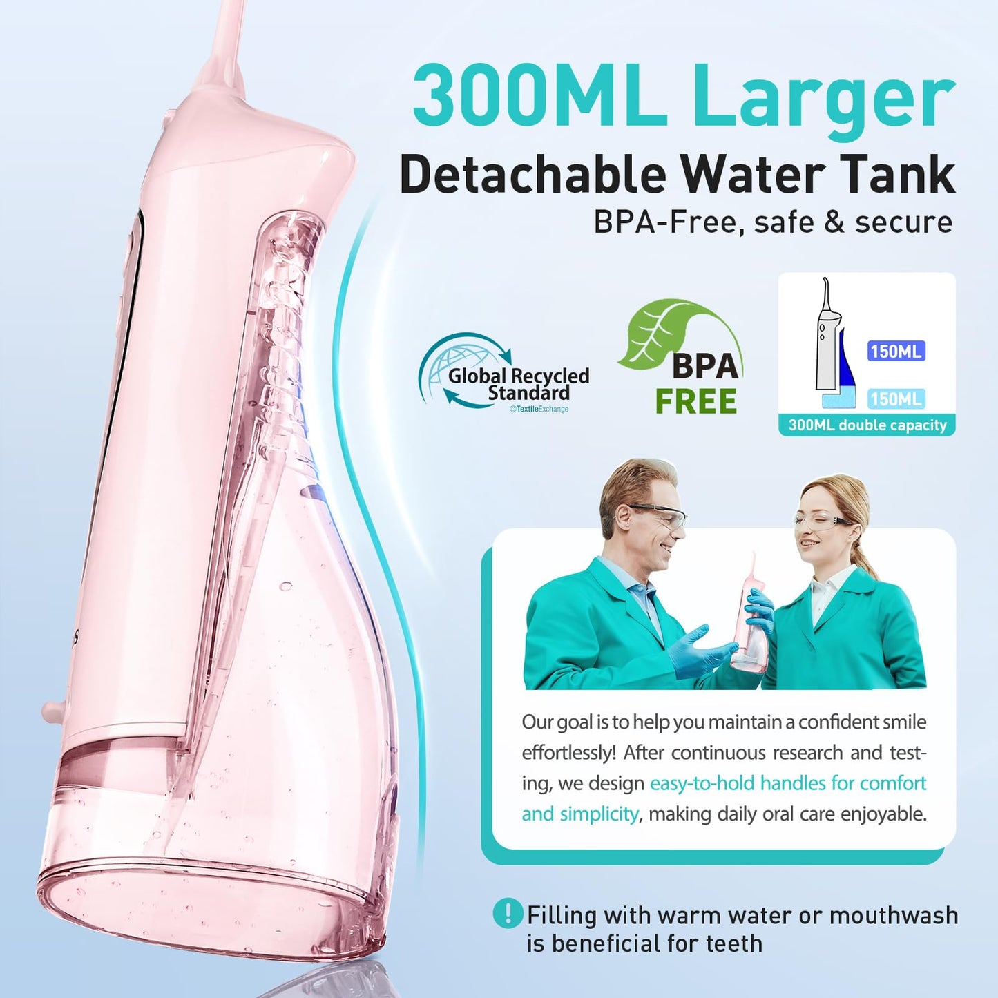 COSLUS Water Dental Flosser Teeth Pick: Portable Cordless Oral Irrigator 300ML Rechargeable Travel Irrigation Cleaner IPX7 Waterproof Electric Flossing Machine for Teeth Cleaning C20(F5020E)