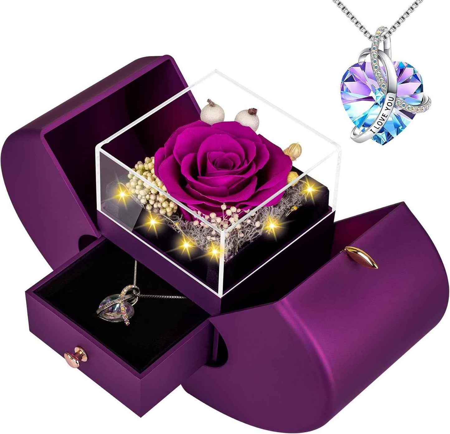 Preserved Real Green Rose Birthday Gifts for Women Her Mom Wife Girlfriend Grandma with l Love You Necklace Eternal Forever Rose Flowers on Anniversary Valentine's Day Mothers Day Christmas