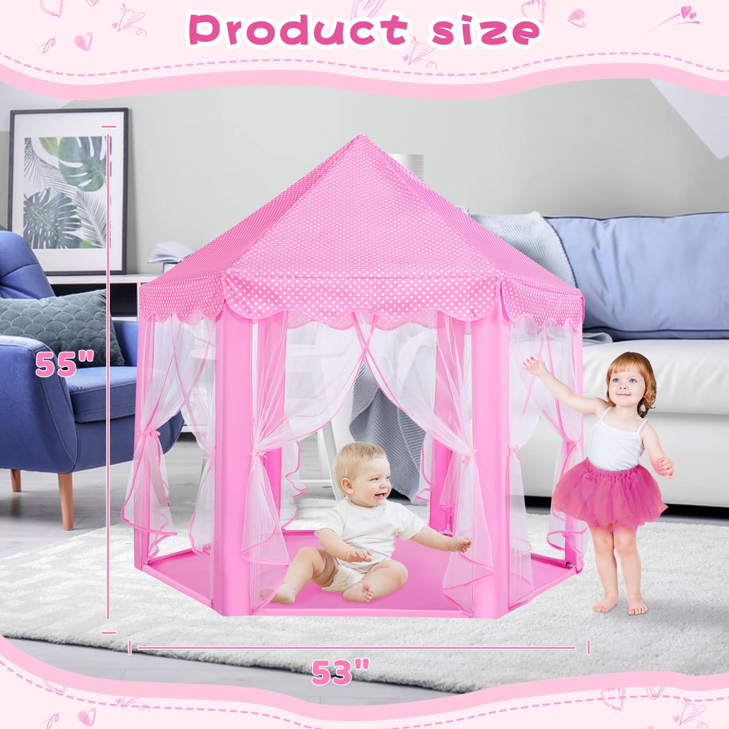 Monobeach Princess Tent Girls Large Playhouse Kids Castle Play Tent with Star Lights Toy for Children Indoor and Outdoor Games, 55'' x 53'' (DxH)