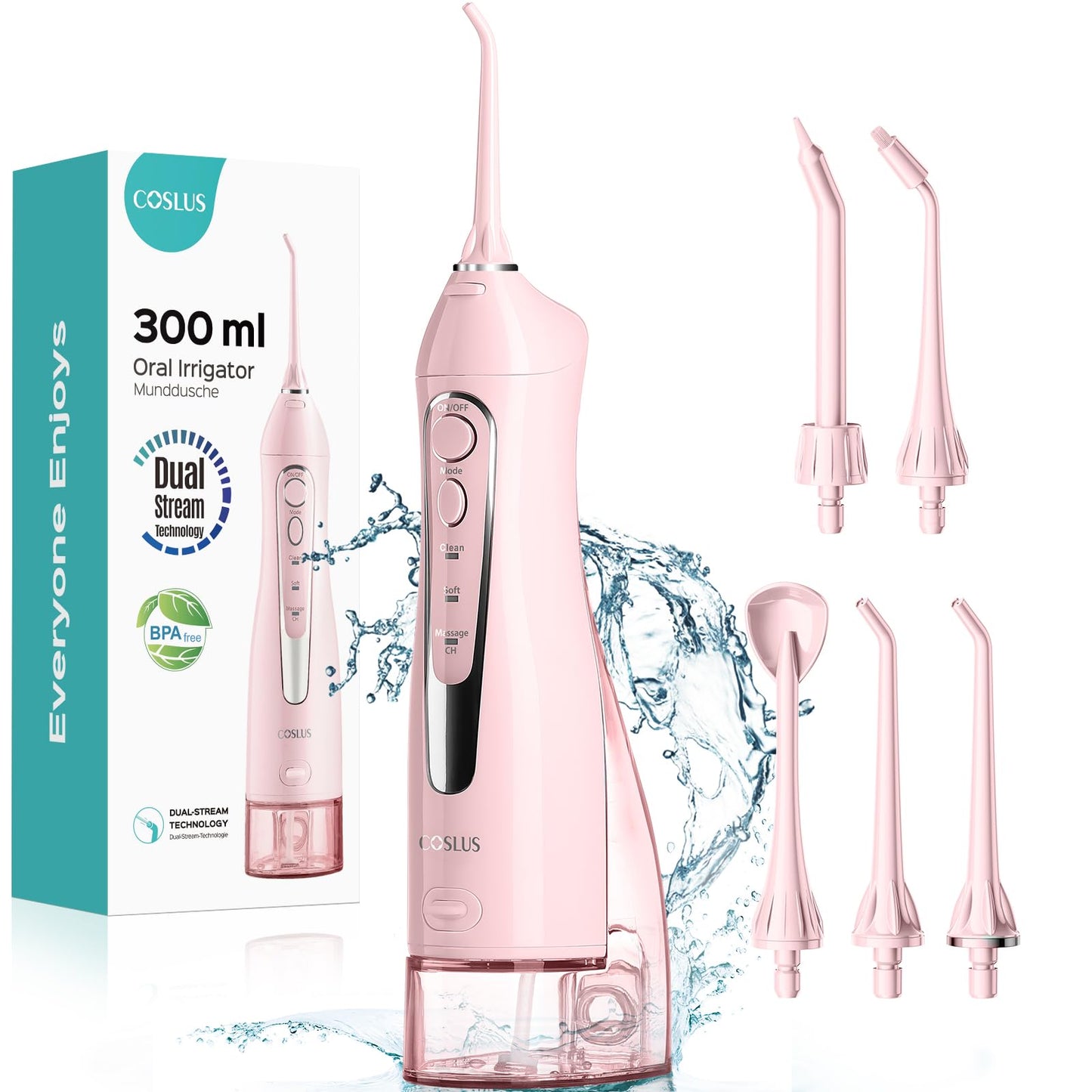 COSLUS Water Dental Flosser Teeth Pick: Portable Cordless Oral Irrigator 300ML Rechargeable Travel Irrigation Cleaner IPX7 Waterproof Electric Flossing Machine for Teeth Cleaning C20(F5020E)