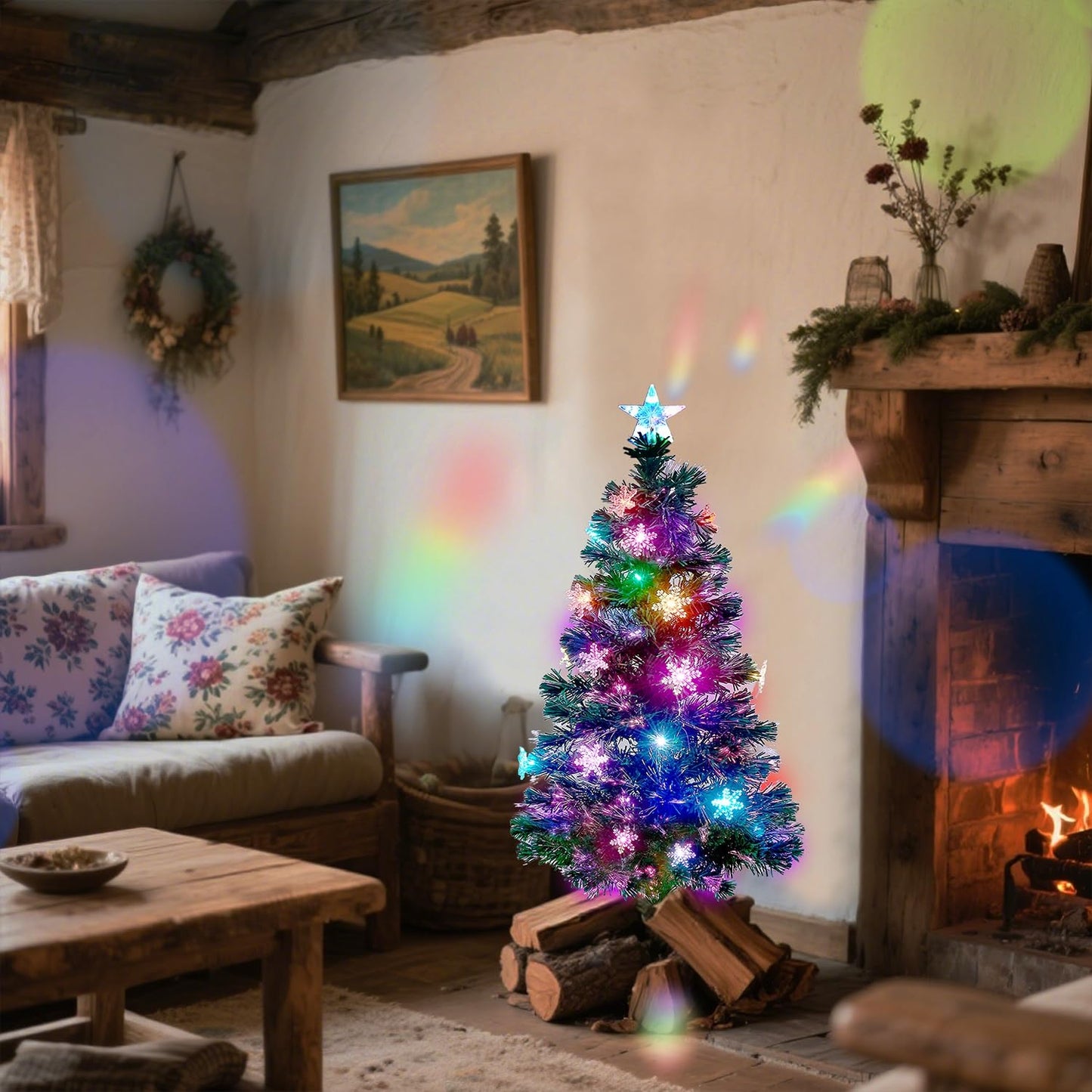 Juegoal 7 ft Pre-Lit Optical Fiber Christmas Artificial Tree, with LED RGB Color Changing Led Lights, Snowflakes and Top Star, Festive Party Holiday Fake Multicolor Xmas Tree with Sturdy Metal Legs