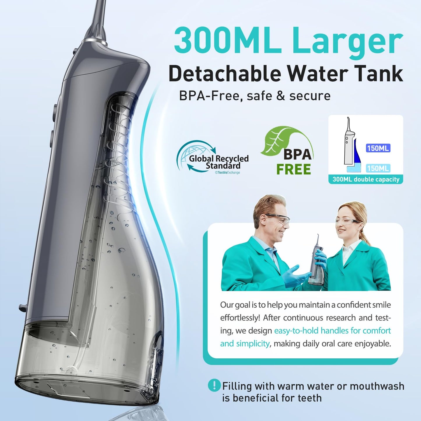 COSLUS Water Dental Flosser Teeth Pick: Portable Cordless Oral Irrigator 300ML Rechargeable Travel Irrigation Cleaner IPX7 Waterproof Electric Flossing Machine for Teeth Cleaning C20(F5020E)