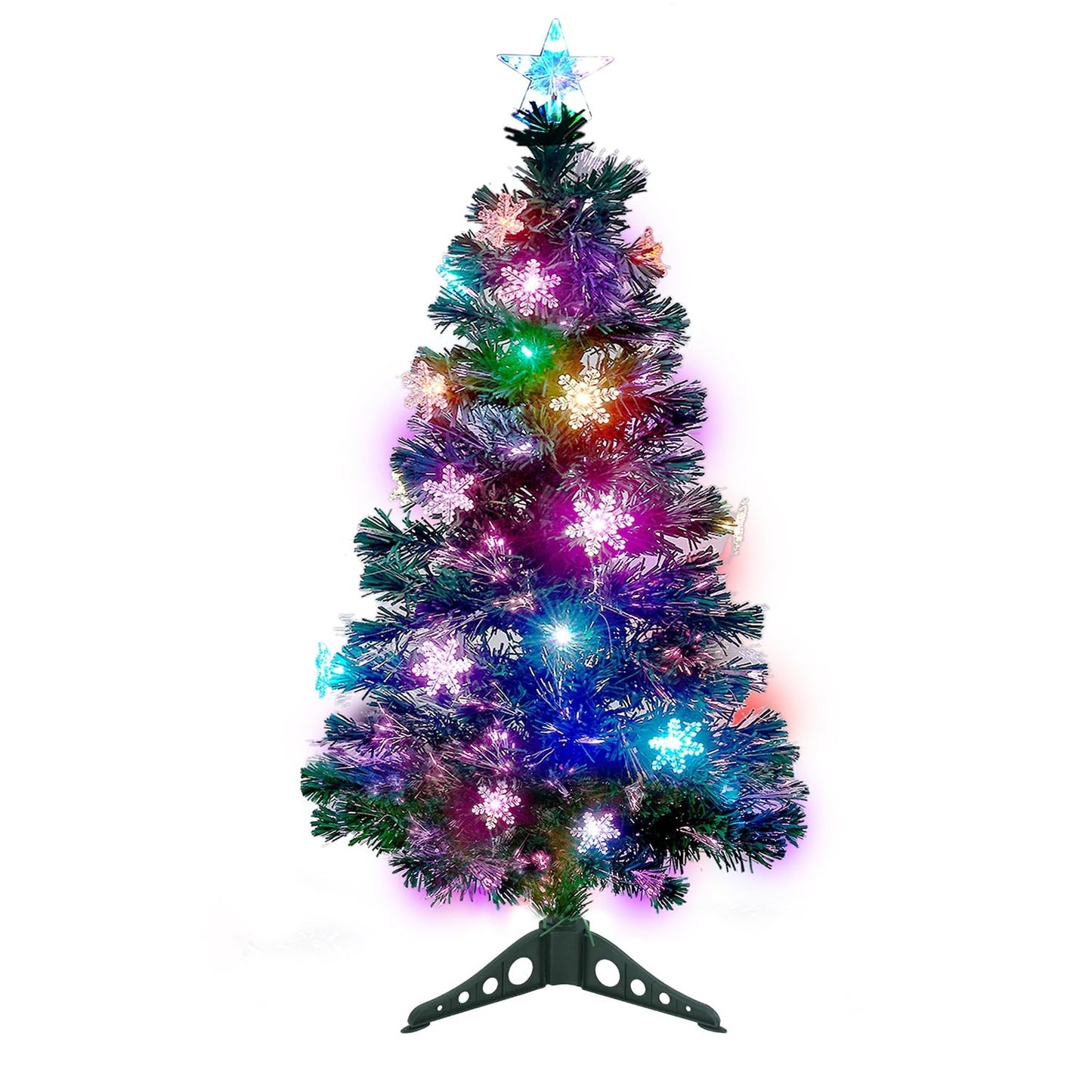 Juegoal 7 ft Pre-Lit Optical Fiber Christmas Artificial Tree, with LED RGB Color Changing Led Lights, Snowflakes and Top Star, Festive Party Holiday Fake Multicolor Xmas Tree with Sturdy Metal Legs