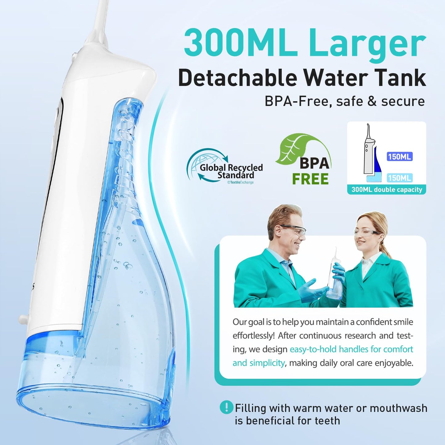 COSLUS Water Dental Flosser Teeth Pick: Portable Cordless Oral Irrigator 300ML Rechargeable Travel Irrigation Cleaner IPX7 Waterproof Electric Flossing Machine for Teeth Cleaning C20(F5020E)