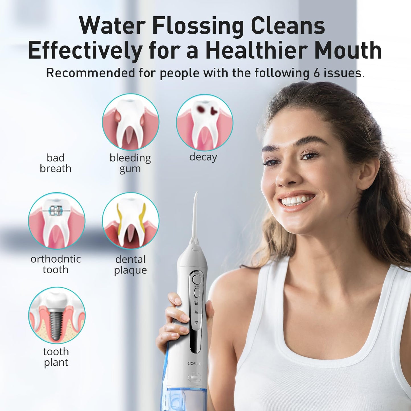 COSLUS Water Dental Flosser Teeth Pick: Portable Cordless Oral Irrigator 300ML Rechargeable Travel Irrigation Cleaner IPX7 Waterproof Electric Flossing Machine for Teeth Cleaning C20(F5020E)