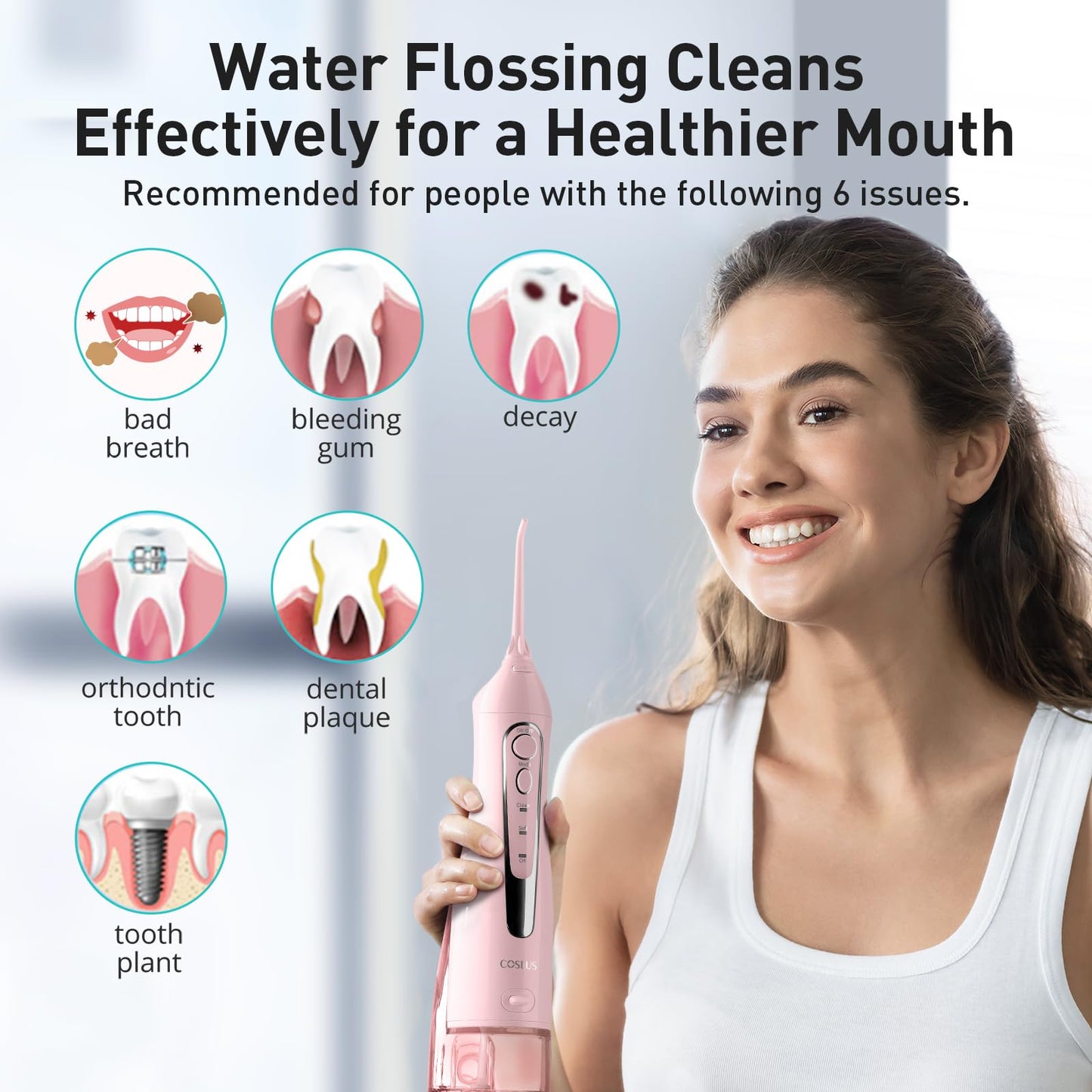 COSLUS Water Dental Flosser Teeth Pick: Portable Cordless Oral Irrigator 300ML Rechargeable Travel Irrigation Cleaner IPX7 Waterproof Electric Flossing Machine for Teeth Cleaning C20(F5020E)