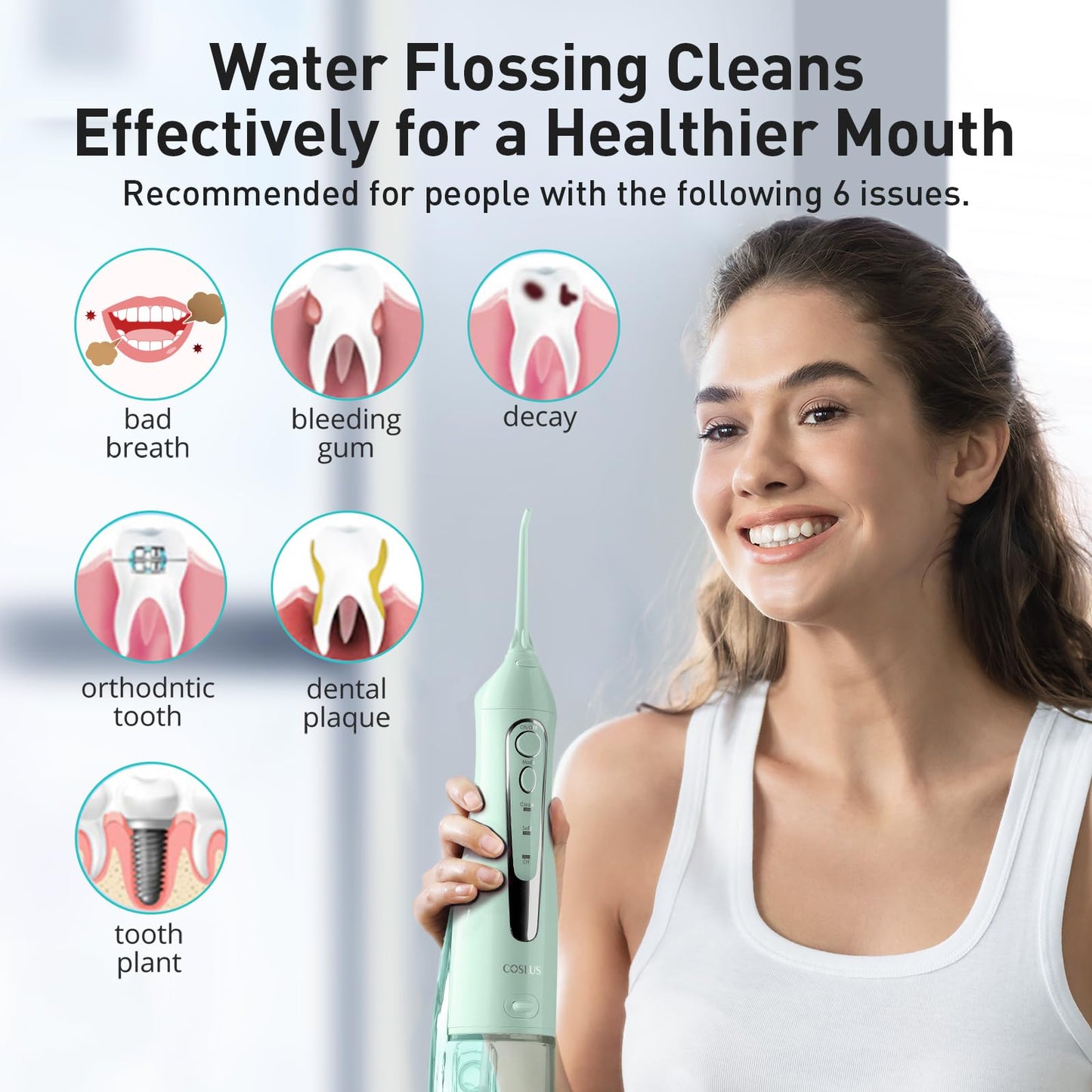 COSLUS Water Dental Flosser Teeth Pick: Portable Cordless Oral Irrigator 300ML Rechargeable Travel Irrigation Cleaner IPX7 Waterproof Electric Flossing Machine for Teeth Cleaning C20(F5020E)