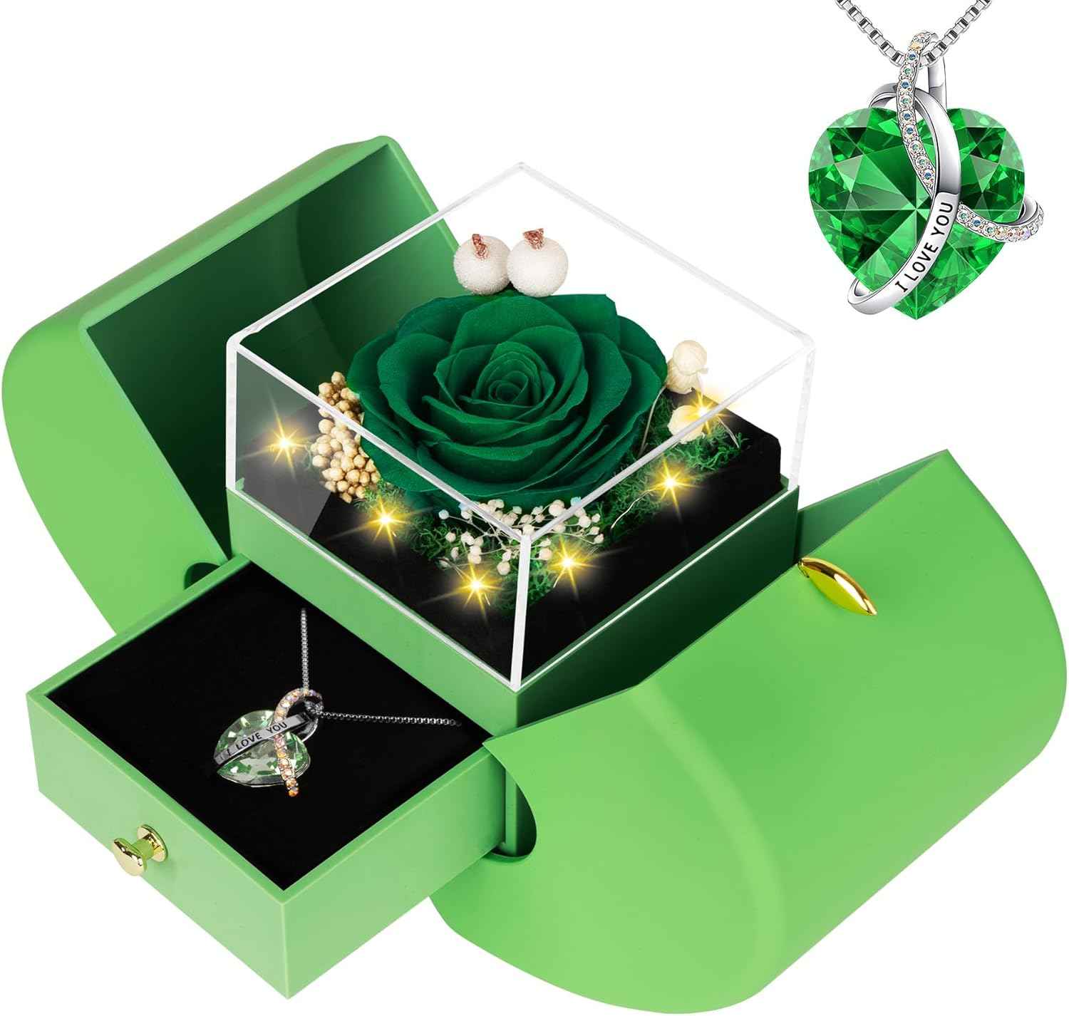 Preserved Real Green Rose Birthday Gifts for Women Her Mom Wife Girlfriend Grandma with l Love You Necklace Eternal Forever Rose Flowers on Anniversary Valentine's Day Mothers Day Christmas