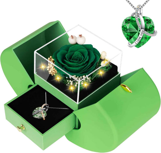 Preserved Real Green Rose Birthday Gifts for Women Her Mom Wife Girlfriend Grandma with l Love You Necklace Eternal Forever Rose Flowers on Anniversary Valentine's Day Mothers Day Christmas