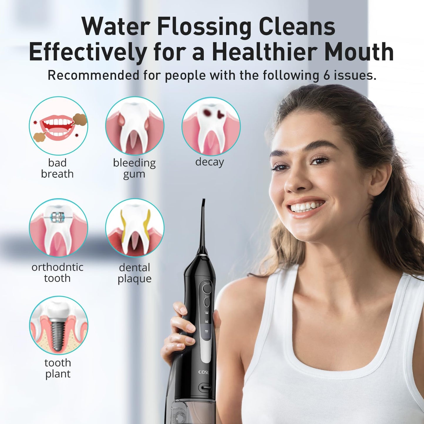 COSLUS Water Dental Flosser Teeth Pick: Portable Cordless Oral Irrigator 300ML Rechargeable Travel Irrigation Cleaner IPX7 Waterproof Electric Flossing Machine for Teeth Cleaning C20(F5020E)