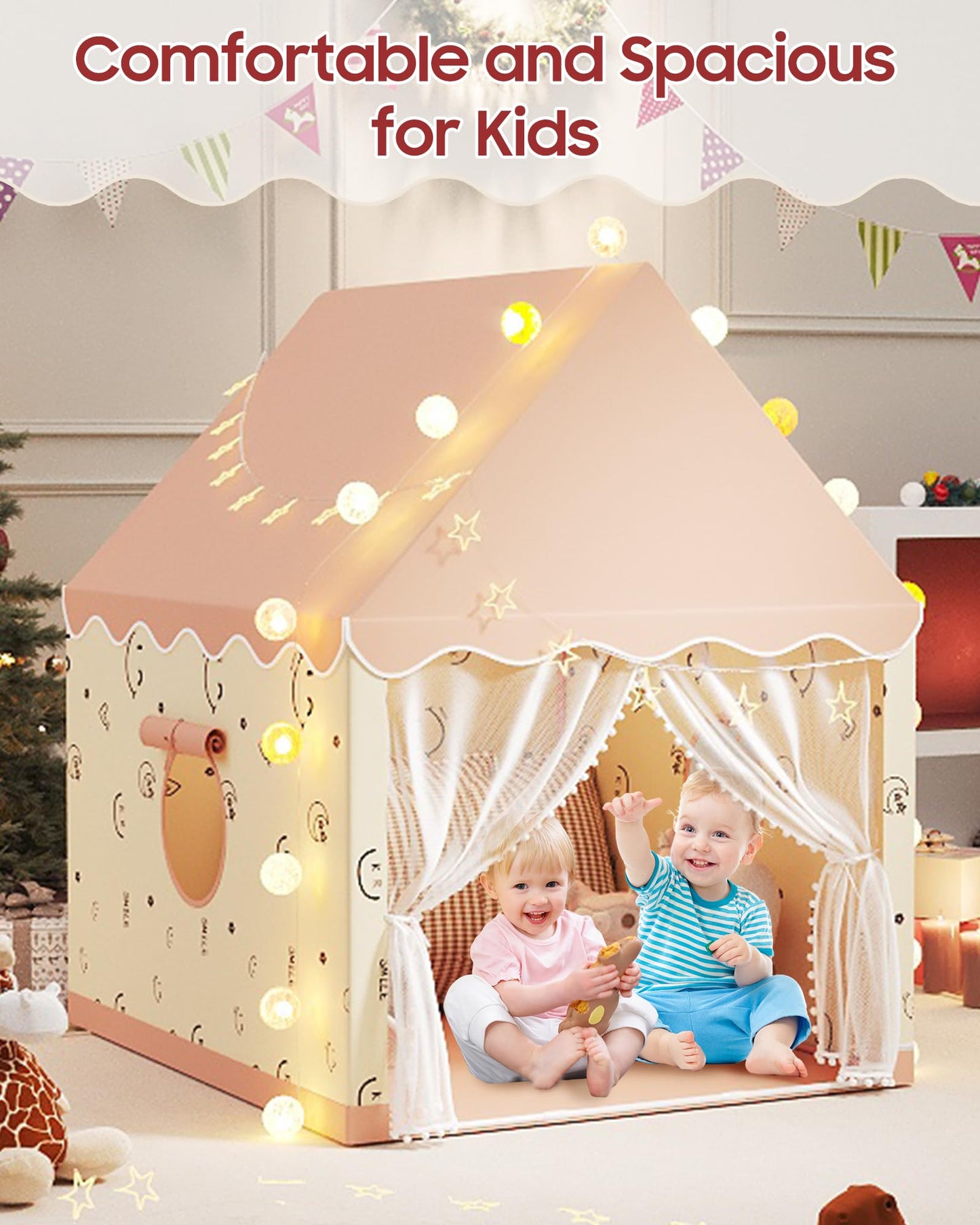 Kids Play Tent, Princess Tent Indoor Playhouse Set with Star Lights, Ball Lights, Colorful Flags, Butterflies - Pink Tents for Kids Toddle Castle for Girls Toy House Gift