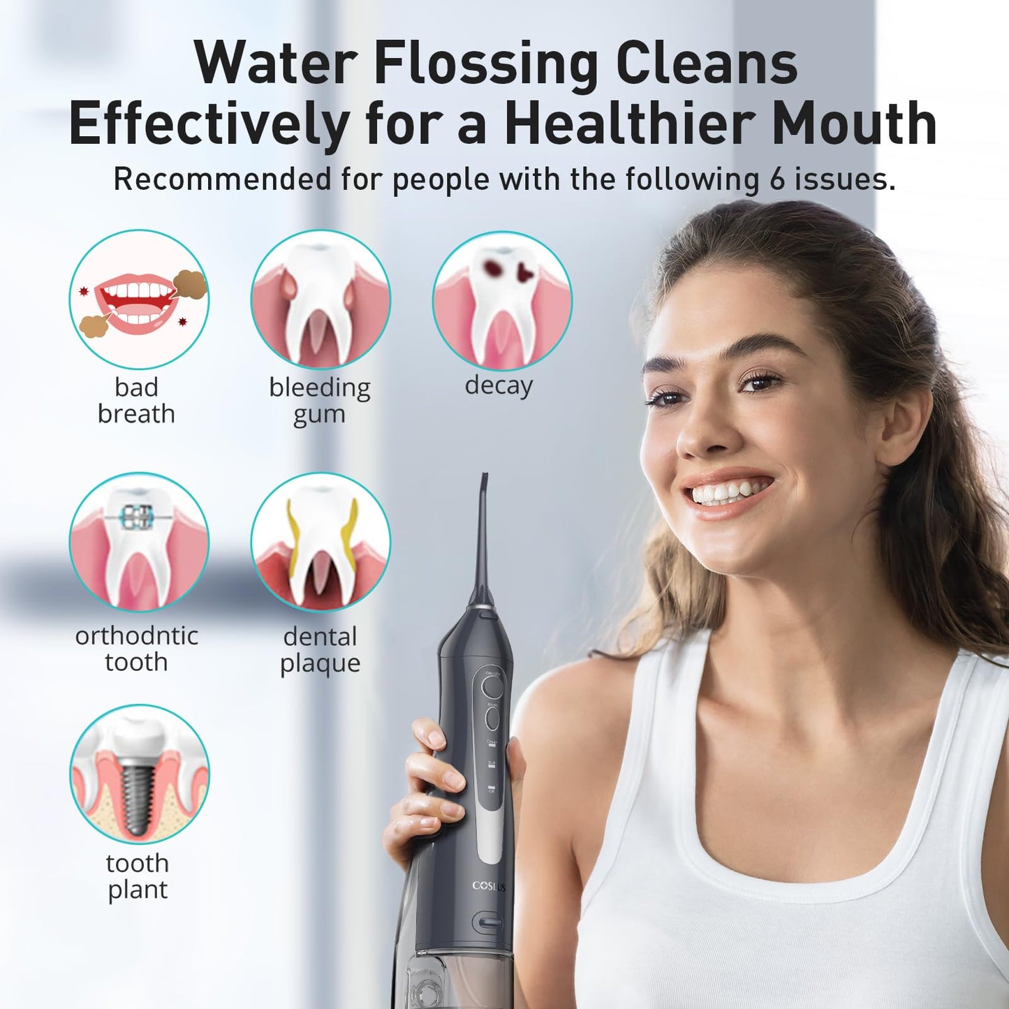 COSLUS Water Dental Flosser Teeth Pick: Portable Cordless Oral Irrigator 300ML Rechargeable Travel Irrigation Cleaner IPX7 Waterproof Electric Flossing Machine for Teeth Cleaning C20(F5020E)