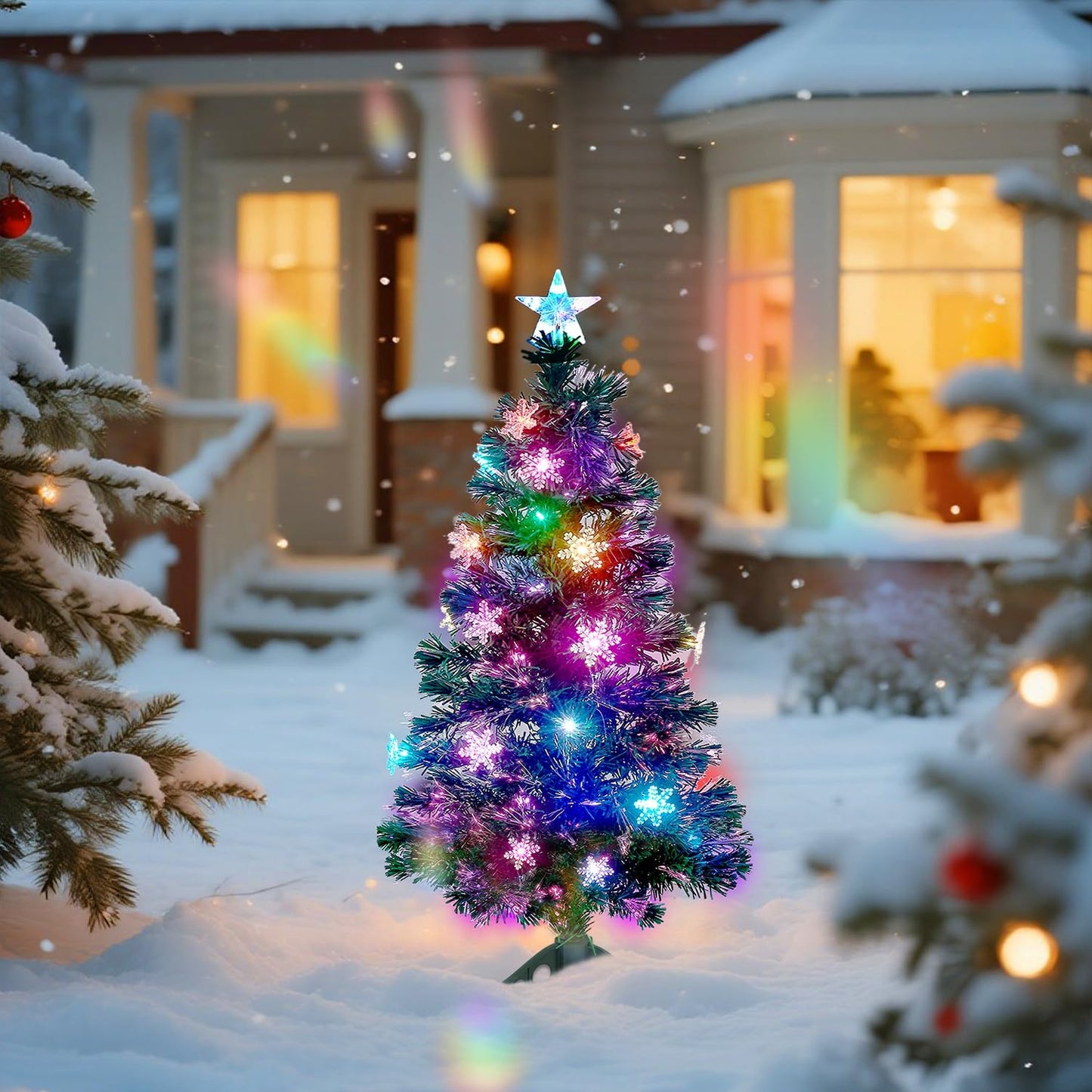 Juegoal 7 ft Pre-Lit Optical Fiber Christmas Artificial Tree, with LED RGB Color Changing Led Lights, Snowflakes and Top Star, Festive Party Holiday Fake Multicolor Xmas Tree with Sturdy Metal Legs