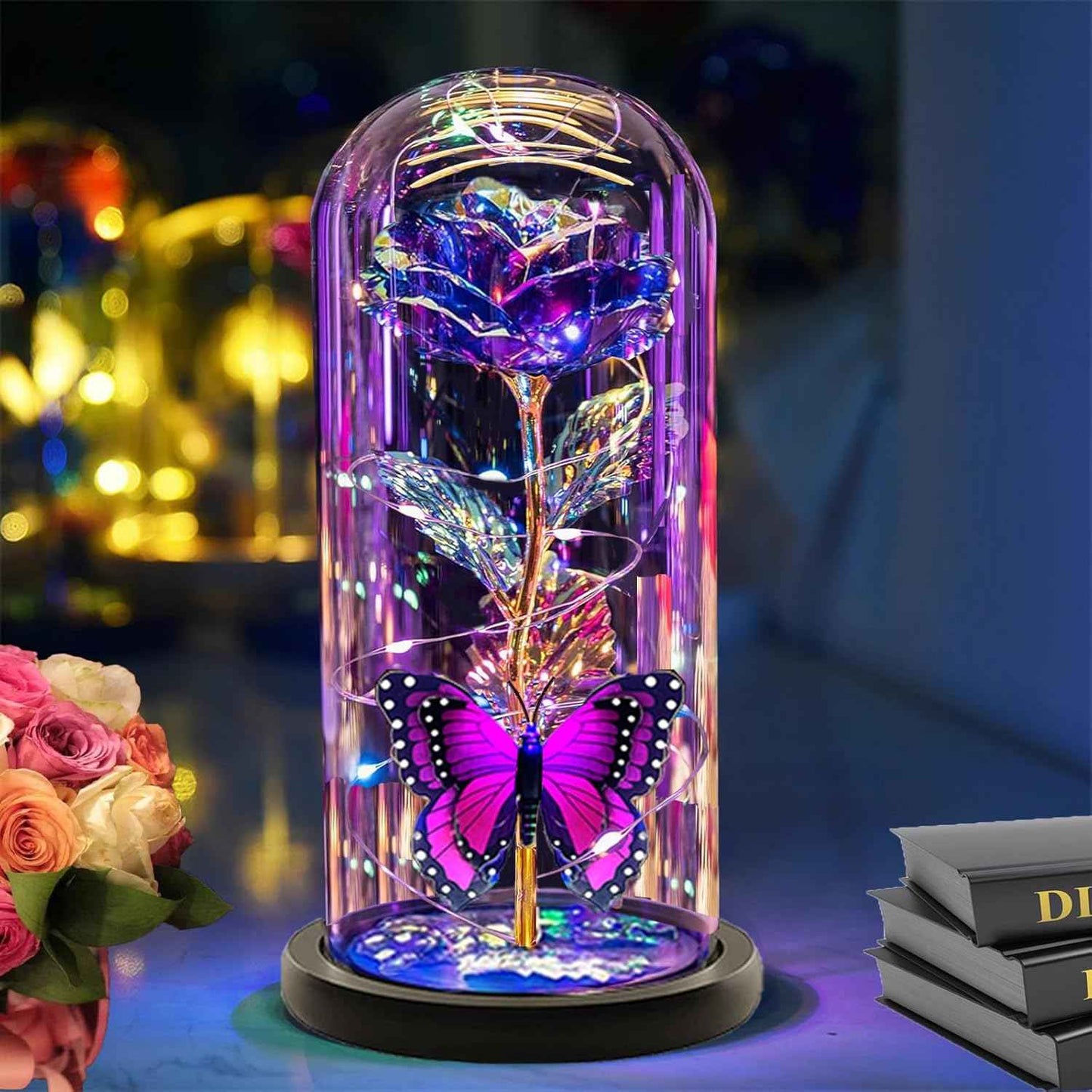 Christmas Flowers Gifts for her Women Mom Wife,Womens Gifts for Christmas, Rose Flowers Gift Light Up Rose in Glass Dome,Birthday Gifts for Woman Purple
