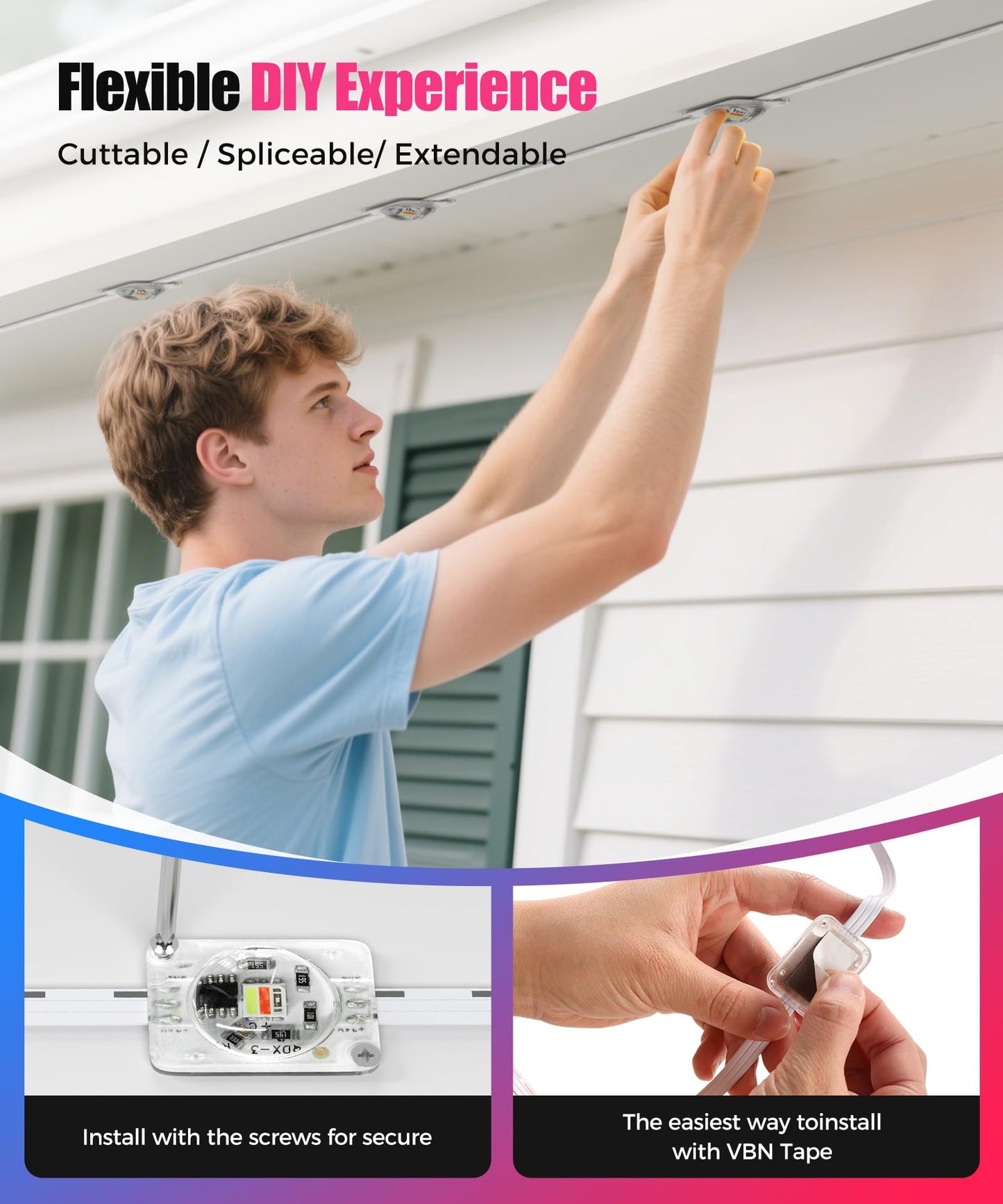 POOFZY Permanent Outdoor Lights for House,200ft RGB+IC Smart Outdoor Decor, 50 Scene Modes,App/Remote Control,IP67 Waterproof,for Christmas,Halloween,Daily & Holiday Party Decor,House Roof Lighting