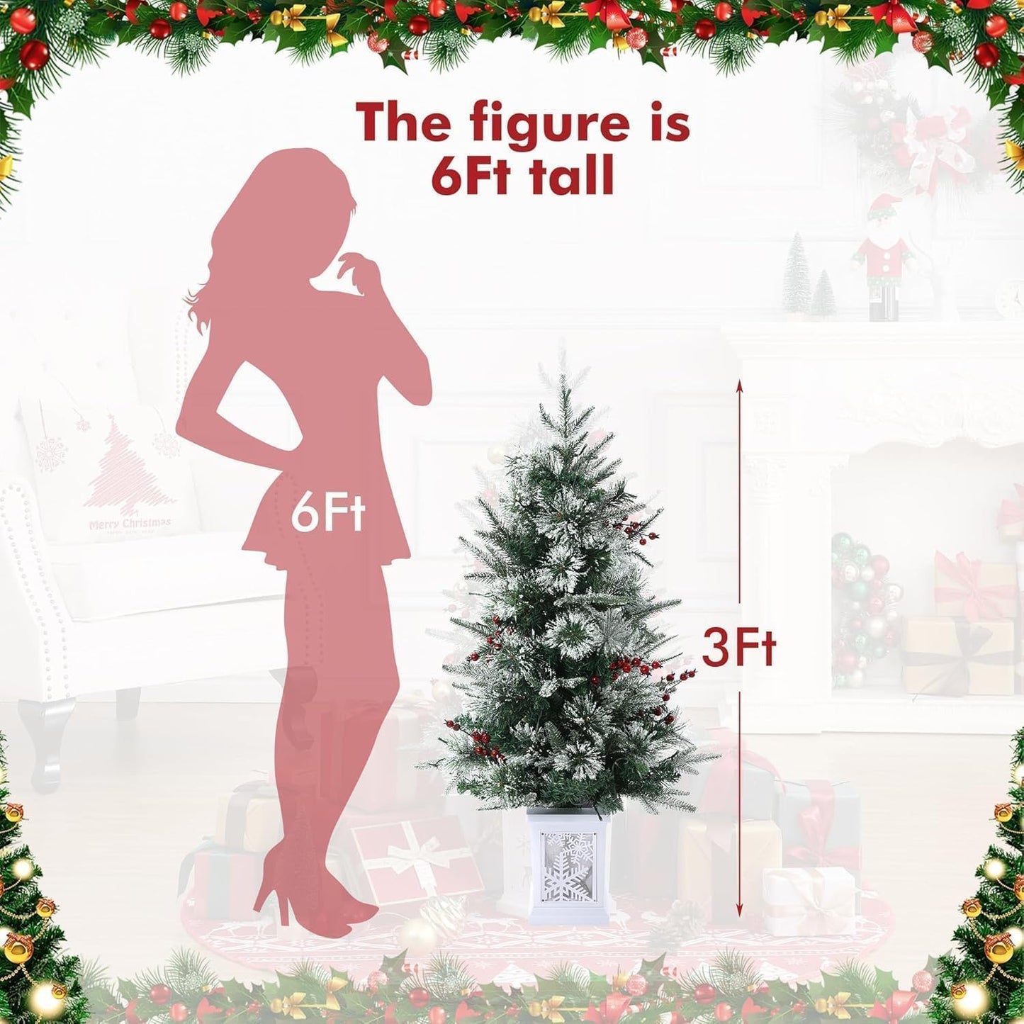 3 Ft Christmas Tree with 78 Led Lights, Pre-Lit Artificial Christmas Trees with Potted Base, Snow Flocked, 8 Lighting Modes, Xmas Tree for Home&Office Decor, Easy Installation (1PCS)