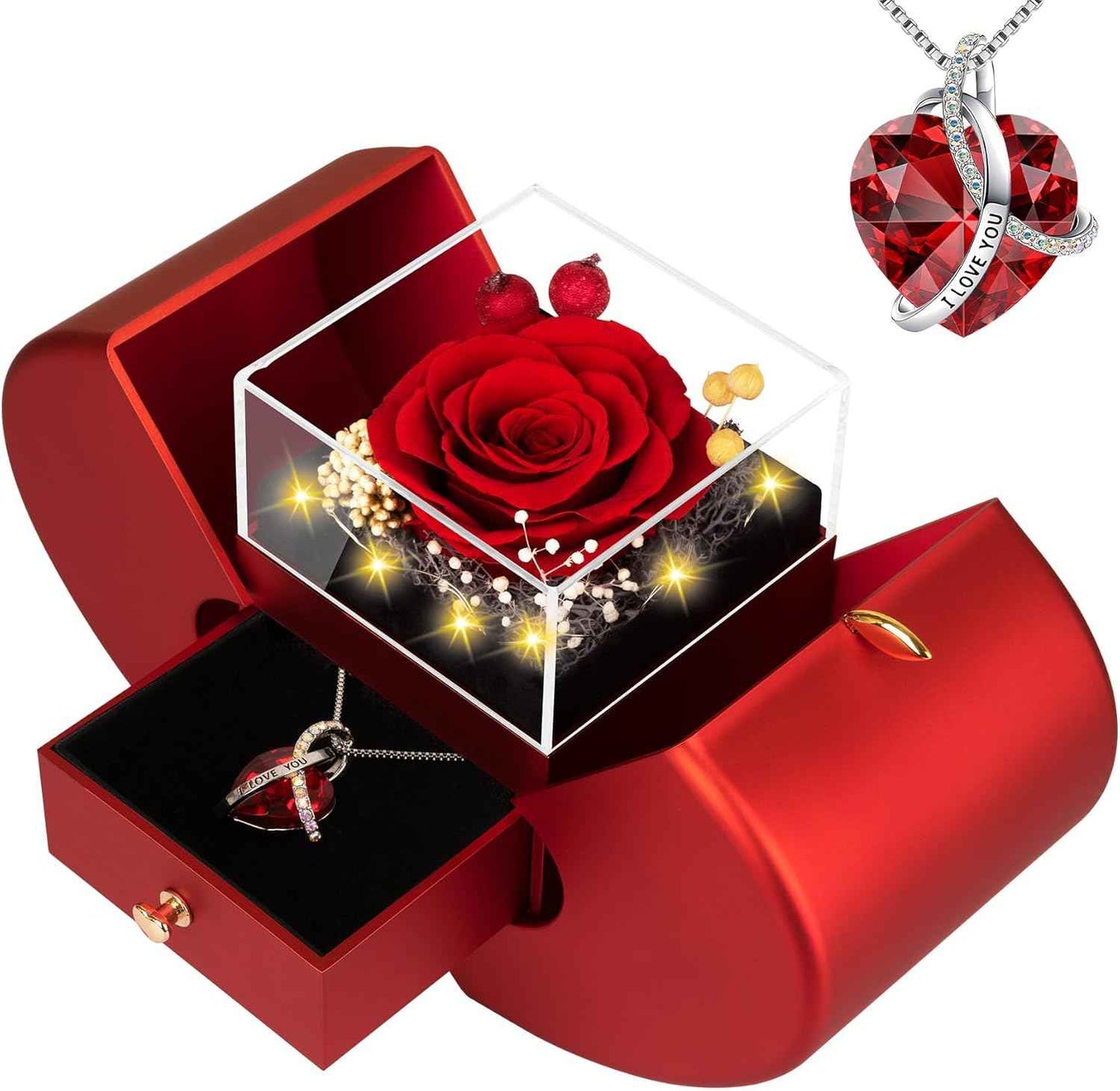 Preserved Real Red Rose Birthday Gifts for Women Her Mom Wife Girlfriend Grandma with l Love You Necklace Eternal Forever Rose Flower on Anniversary Valentine's Day Mothers Day Christmas Romantic-Red