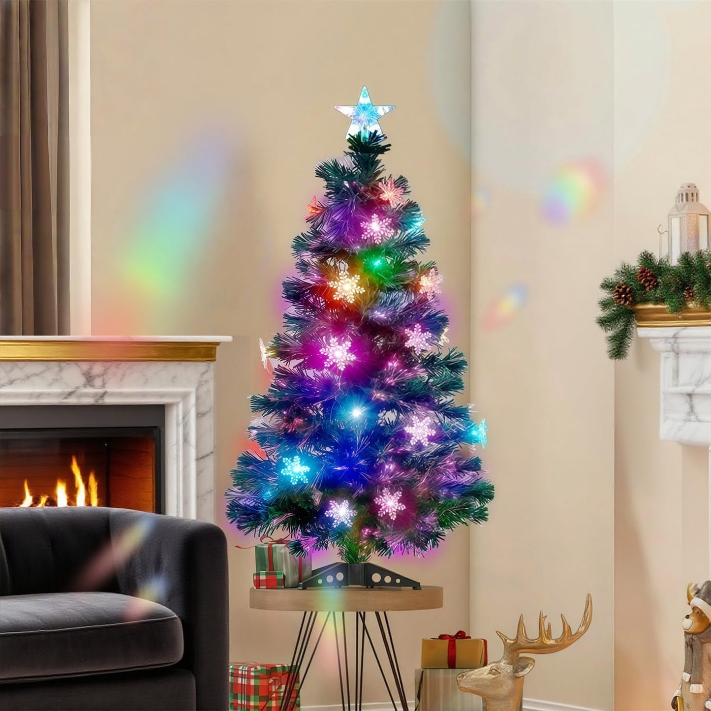 Juegoal 7 ft Pre-Lit Optical Fiber Christmas Artificial Tree, with LED RGB Color Changing Led Lights, Snowflakes and Top Star, Festive Party Holiday Fake Multicolor Xmas Tree with Sturdy Metal Legs