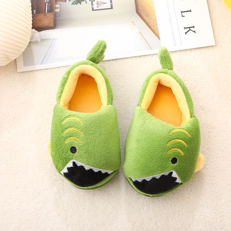Boys' Dinosaur Slippers with Plush TPR Sole & Alligator/Crocodile Teeth - Warm Winter Indoor/Outdoor, Green & White Low-Top Easy Slip-On for, Cute Dino Footwear for Bedtime & Play