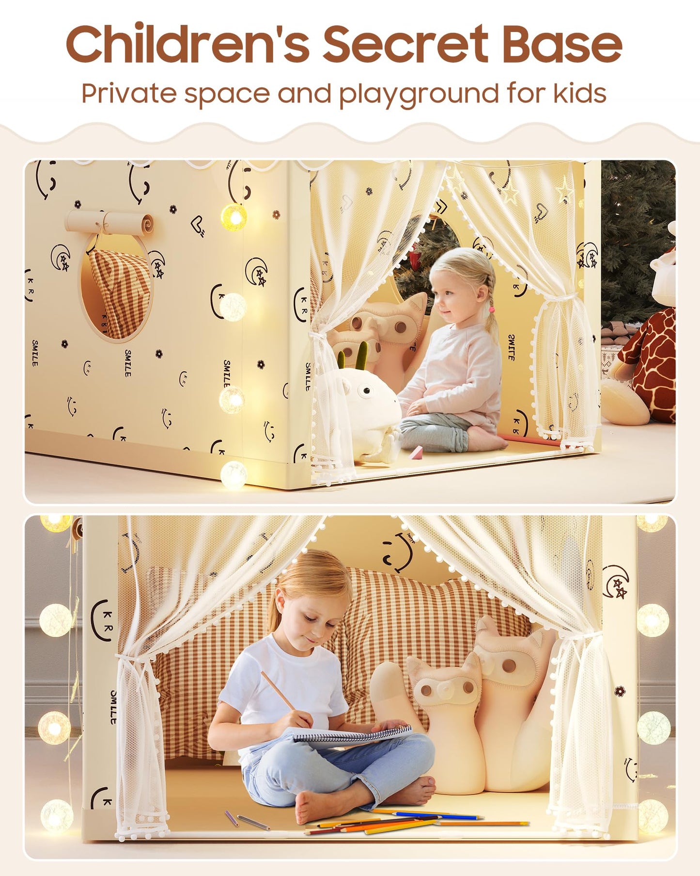 Kids Play Tent, Princess Tent Indoor Playhouse Set with Star Lights, Ball Lights, Colorful Flags, Butterflies - Pink Tents for Kids Toddle Castle for Girls Toy House Gift