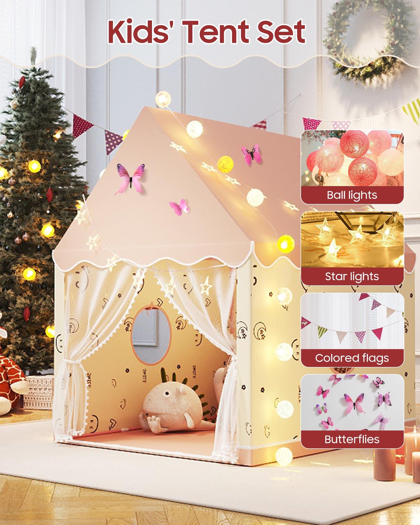 Kids Play Tent, Princess Tent Indoor Playhouse Set with Star Lights, Ball Lights, Colorful Flags, Butterflies - Pink Tents for Kids Toddle Castle for Girls Toy House Gift