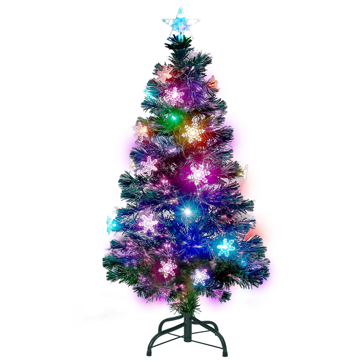 Juegoal 7 ft Pre-Lit Optical Fiber Christmas Artificial Tree, with LED RGB Color Changing Led Lights, Snowflakes and Top Star, Festive Party Holiday Fake Multicolor Xmas Tree with Sturdy Metal Legs