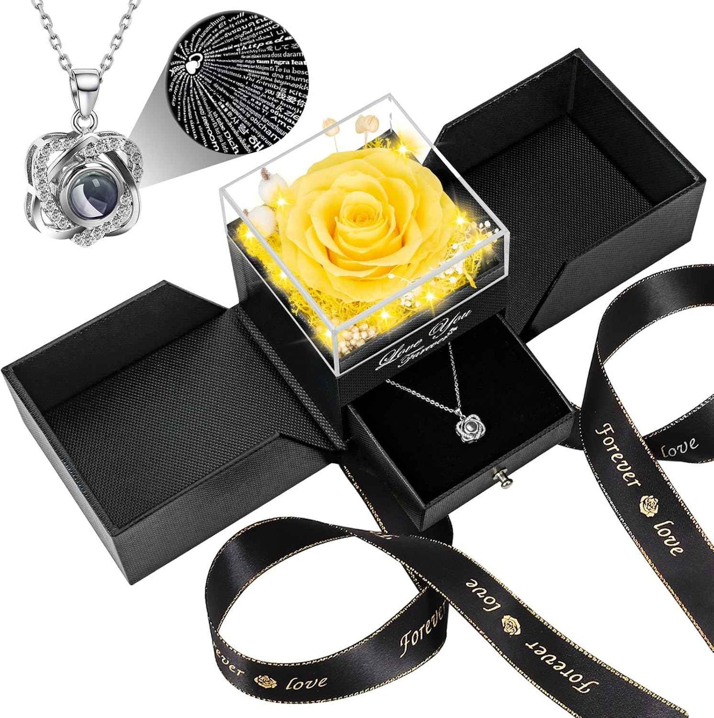 Preserved Red Real Rose with Heart I Love You Necklace -Eternal Flowers Rose Birthday Gifts for Women Her Mom Wife Girlfriend Grandma on Valentines Mothers Day Christmas Anniversary Romantic-Red