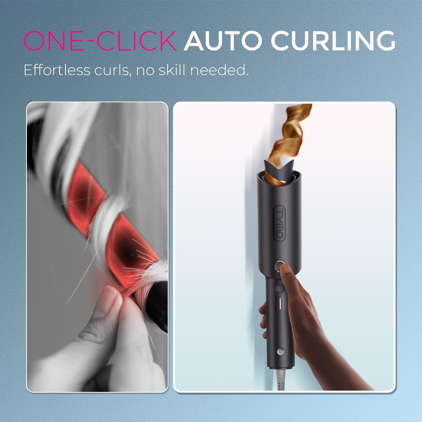 TYMO Automatic Rotating Curling Iron - TYMO CURLPRO Beach Waves Curling Wand, Portable Hair Curler, 500 Million Ionic, Dual Voltage & Lightweight for Travel, Ceramic Coating, 1 Inch, Metallic Gray