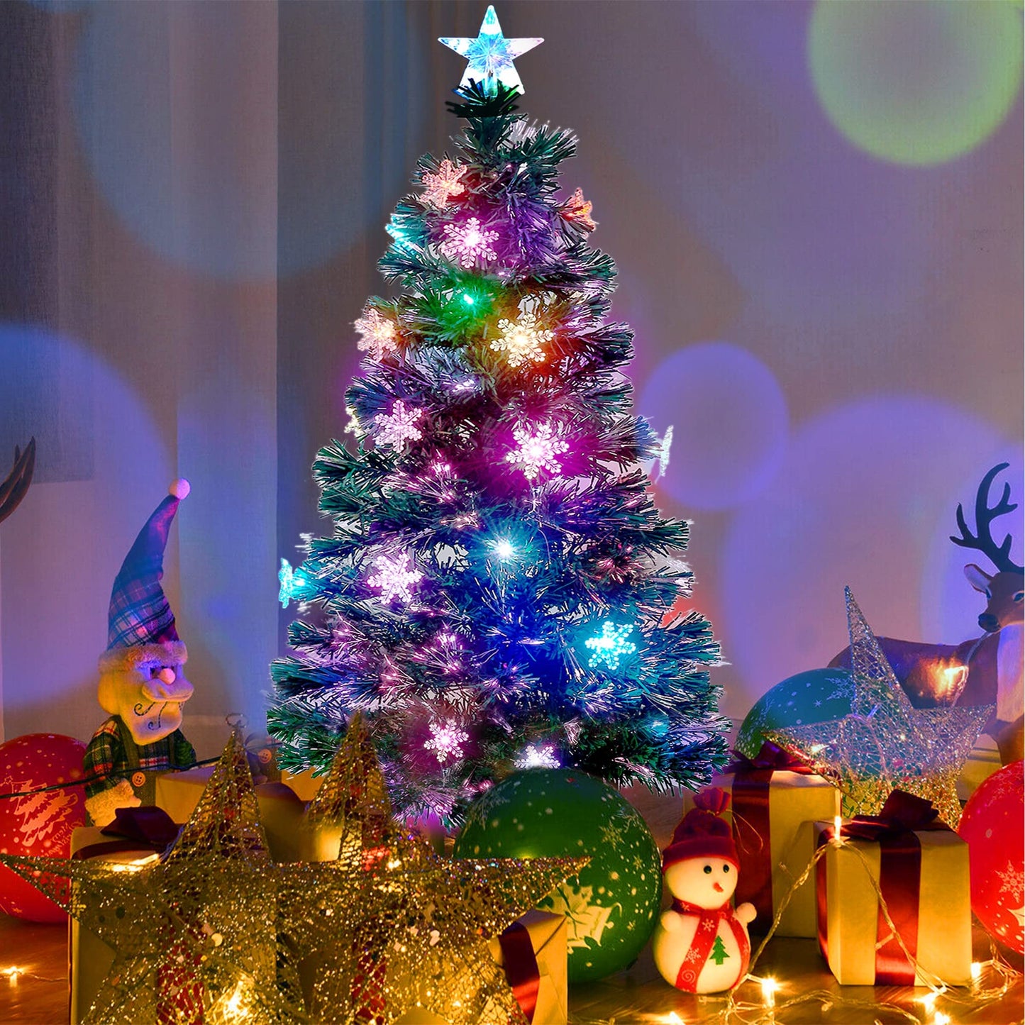 Juegoal 7 ft Pre-Lit Optical Fiber Christmas Artificial Tree, with LED RGB Color Changing Led Lights, Snowflakes and Top Star, Festive Party Holiday Fake Multicolor Xmas Tree with Sturdy Metal Legs