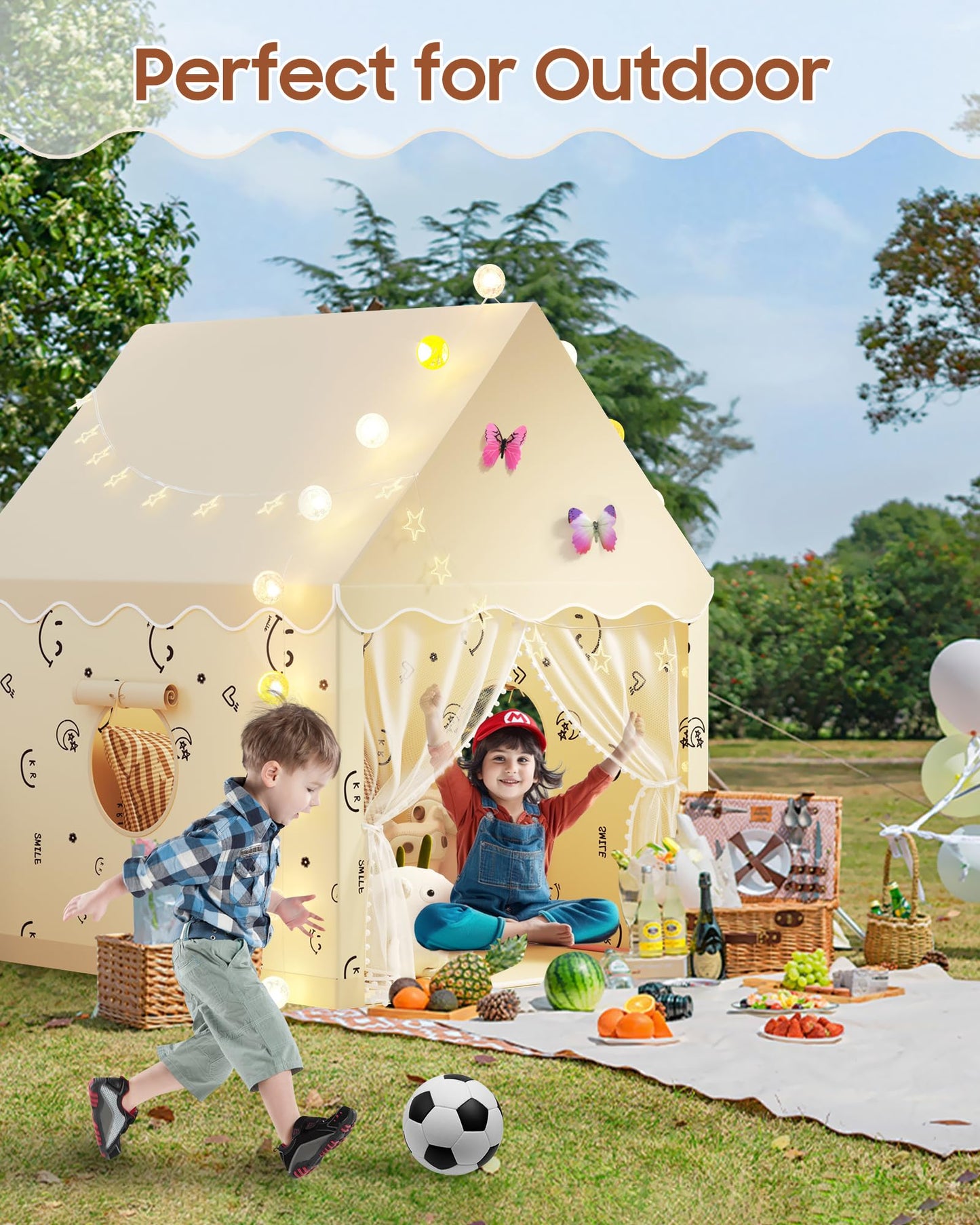 Kids Play Tent, Princess Tent Indoor Playhouse Set with Star Lights, Ball Lights, Colorful Flags, Butterflies - Pink Tents for Kids Toddle Castle for Girls Toy House Gift